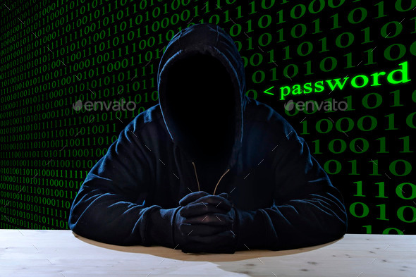 criminal or terrorist man in mask hidden identity in secret illegal password violation