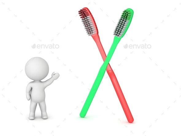 3D Character Showing Two Toothbrushes (Misc) Photo Download