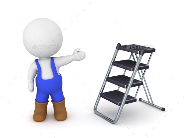 3D Character wearing overalls showing foldable ladder (Misc) Photo Download