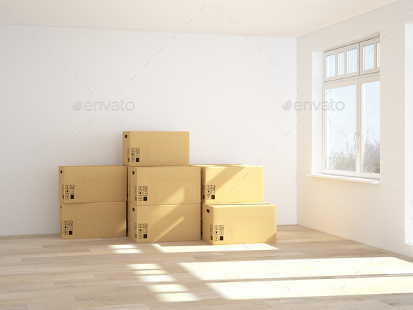 Interior with moving boxes in empty white room. 3d rendering