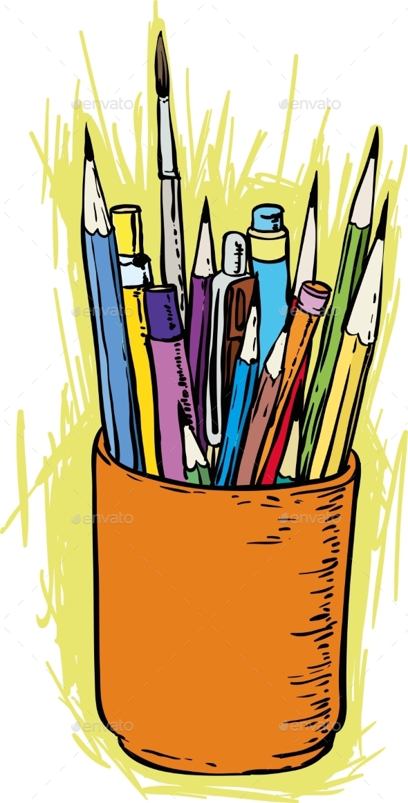 GraphicRiver Colorful Pencils And Brushes In The Holder 11299938 GraphicRiver Colorful Pencils And Brushes In The Holder 11299938