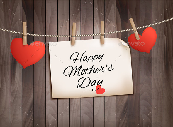 Retro holiday mother day background with red paper hearts on wooden texture.