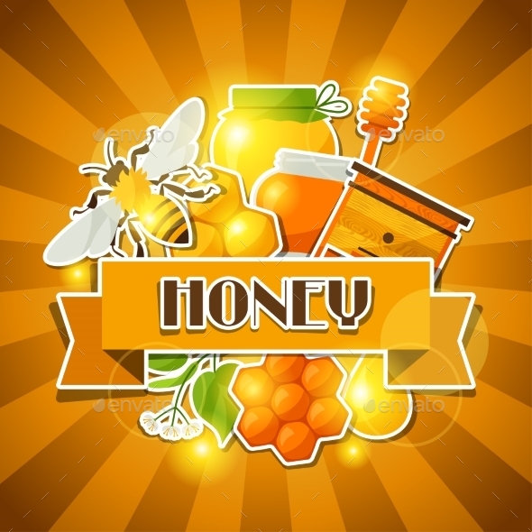 GraphicRiver Background Design with Honey and Bee Stickers 11312163 GraphicRiver Background Design with Honey and Bee Stickers 11312163