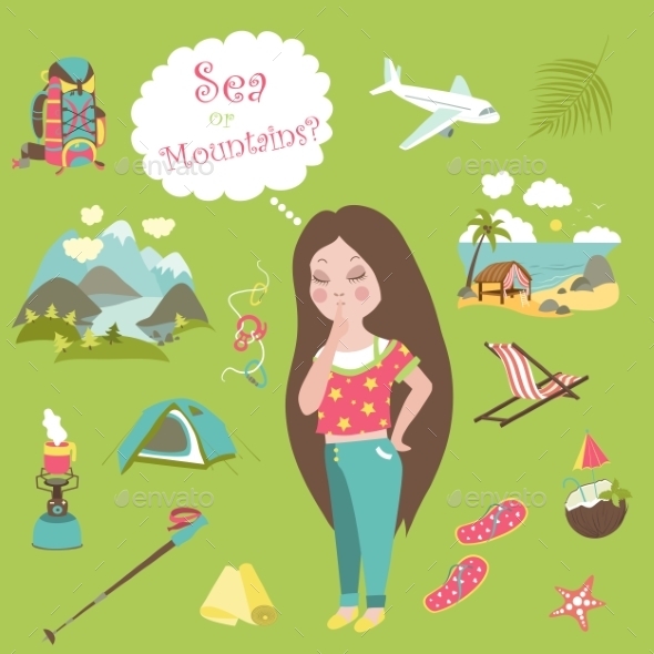 GraphicRiver Girl Thinks Where To Travel Mountains Or Sea 11319497 GraphicRiver Girl Thinks Where To Travel Mountains Or Sea 11319497