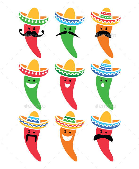 Chili Pepper in Mexican Sombrero Hat with Mustache (Food)