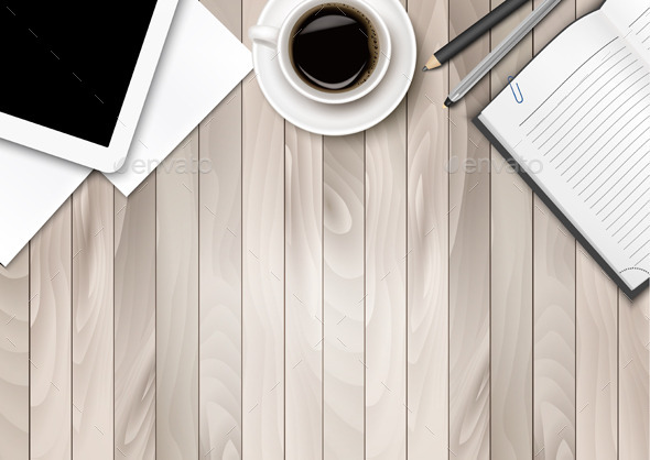 Office Workspace With Coffee Tablet Paper and Pens (Business)