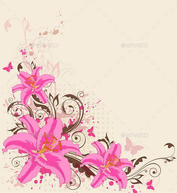 Pink Lily and Butterflies (Flowers & Plants)