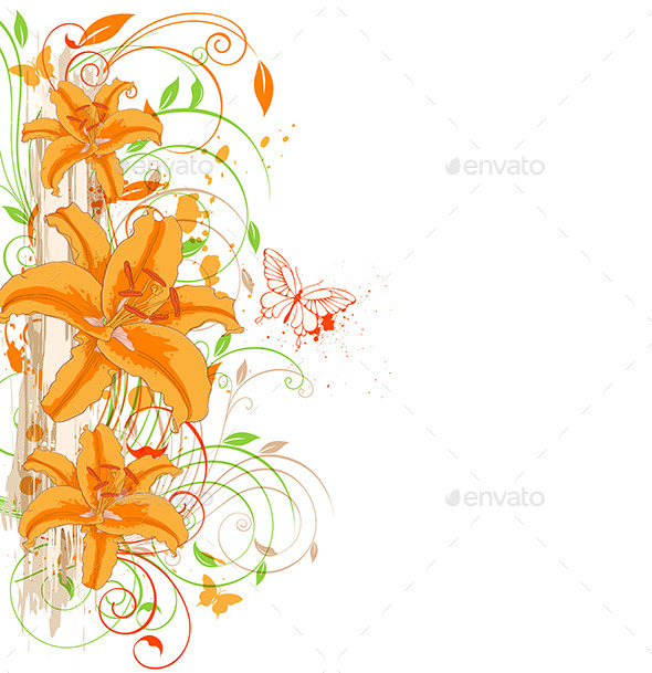 Orange Lily and Butterflies (Flowers & Plants)