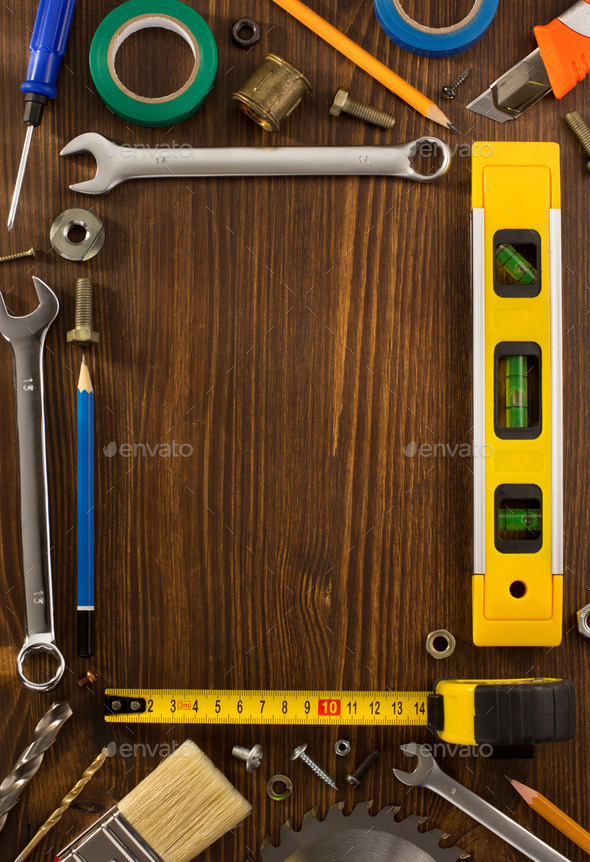 set of tools and instruments on wood (Misc) Photo Download