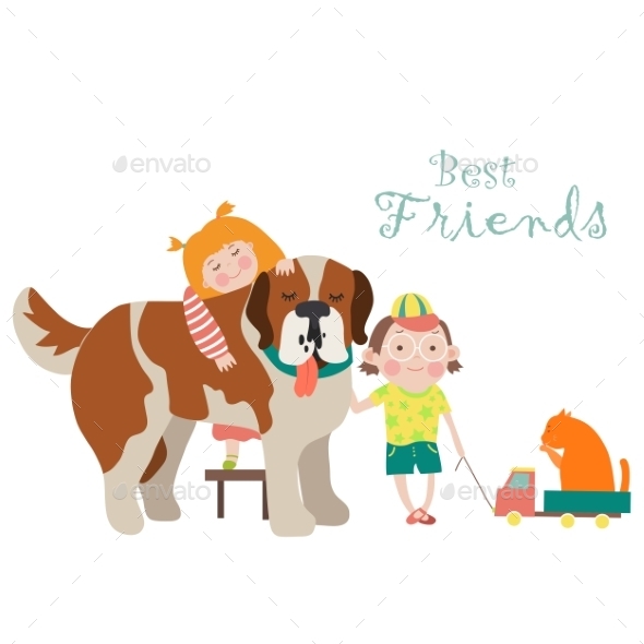 GraphicRiver Happy Little Girl and Boy Hugging Dog 11340996 GraphicRiver Happy Little Girl and Boy Hugging Dog 11340996