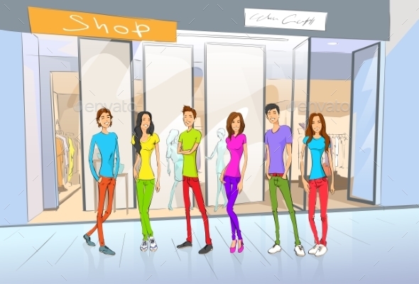 GraphicRiver People Friends Shopping Girls And Men At Window 11350467 GraphicRiver People Friends Shopping Girls And Men At Window 11350467