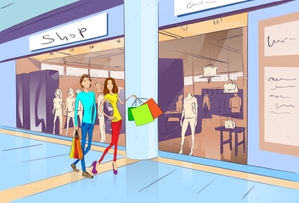 GraphicRiver Couple Shopping Man And Woman Walking With Bags 11350485 GraphicRiver Couple Shopping Man And Woman Walking With Bags 11350485