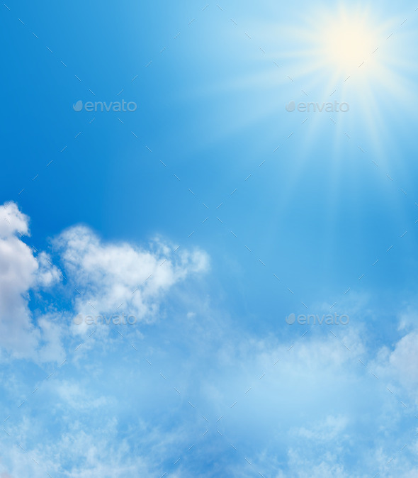 Blue Sky, Fluffy Clouds and Sunshine Background