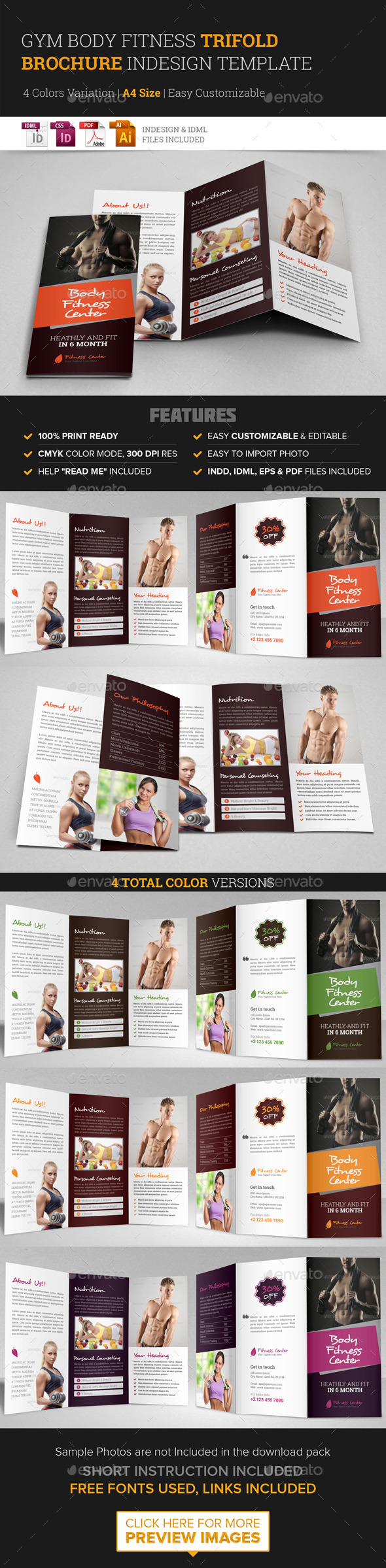 Gym Fitness Trifold Brochure Indesign Template (Corporate)