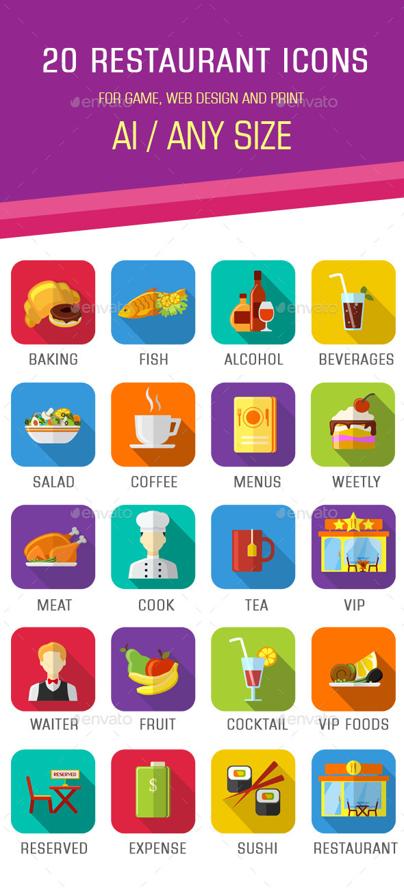 GraphicRiver 20 Flat Restaurant Icons 11365415 GraphicRiver 20 Flat Restaurant Icons 11365415