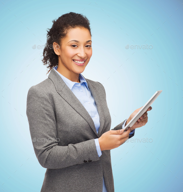 african american businesswoman holding tablet pc