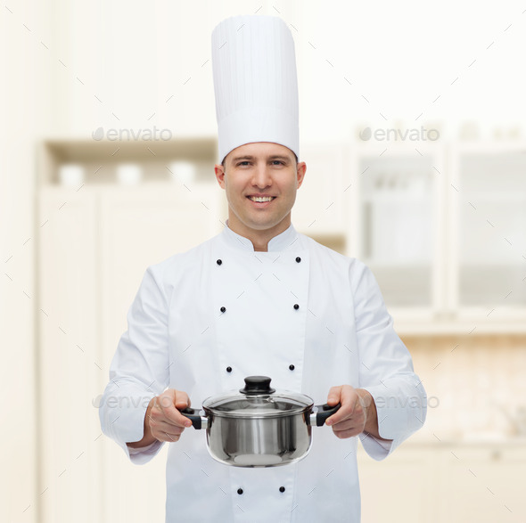 happy male chef cook holding pot