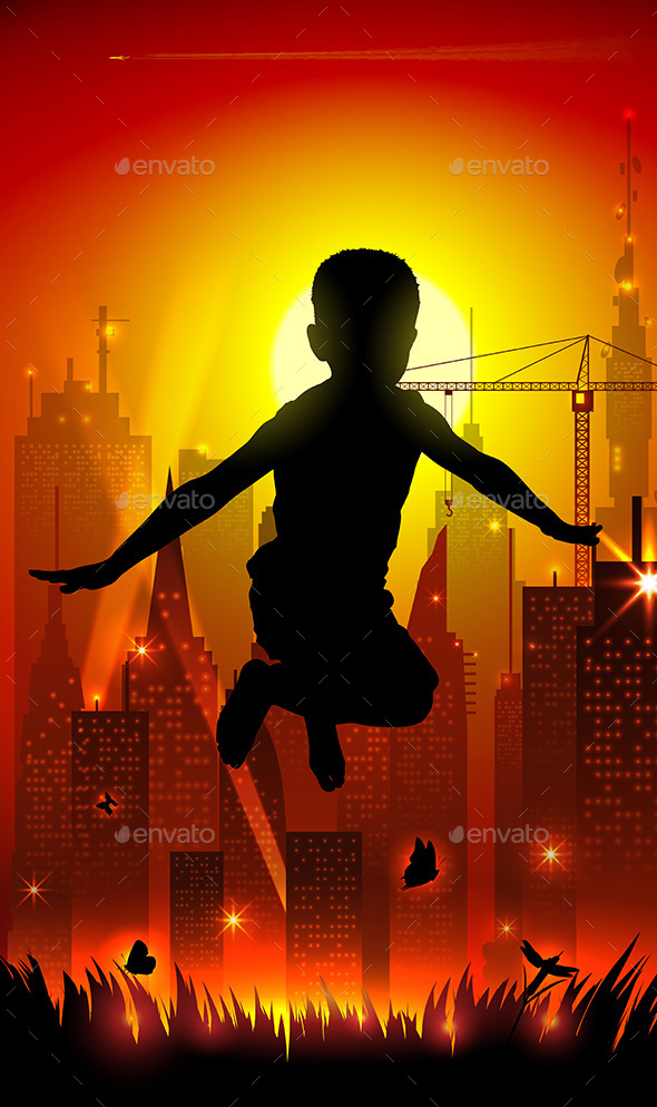 Jumping Boy On Background Of The Cityscape. (People)