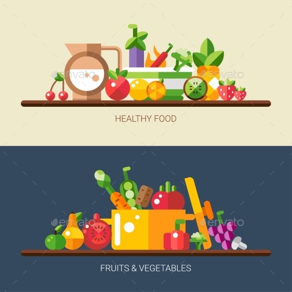 Set of Flat Design Fruits and Vegetables Icons (Food)