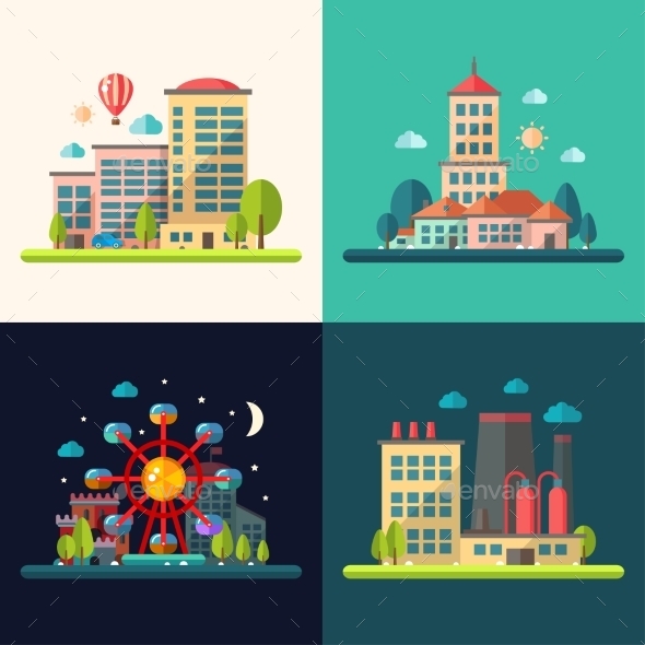 Modern Flat Design Conceptual City Illustrations (Buildings)