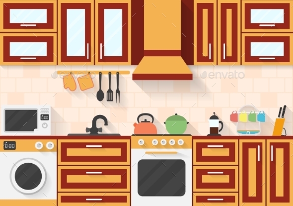 GraphicRiver Kitchen With Appliances And Utensils Flat Style 11382344 GraphicRiver Kitchen With Appliances And Utensils Flat Style 11382344