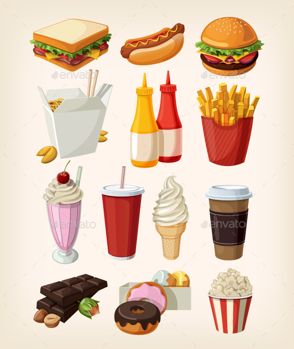 GraphicRiver Set of Colorful Cartoon Fast Food Icons 11387232 GraphicRiver Set of Colorful Cartoon Fast Food Icons 11387232