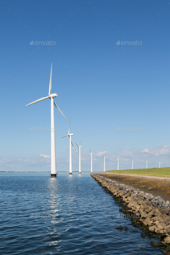 Long row off shore wind turbines in the Dutch sea