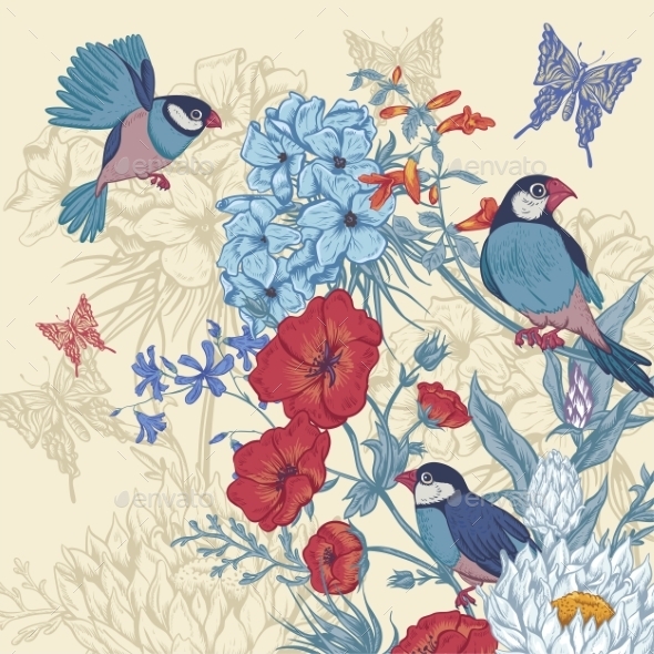 GraphicRiver Vintage Floral Greeting Card with Birds 11418091 GraphicRiver Vintage Floral Greeting Card with Birds 11418091