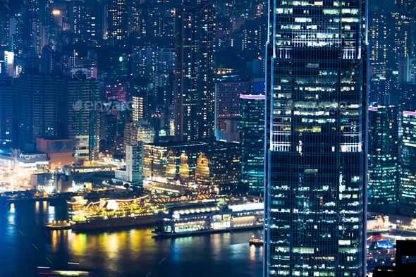 Abstract futuristic night cityscape. Hong Kong aerial view (Misc) Photo Download