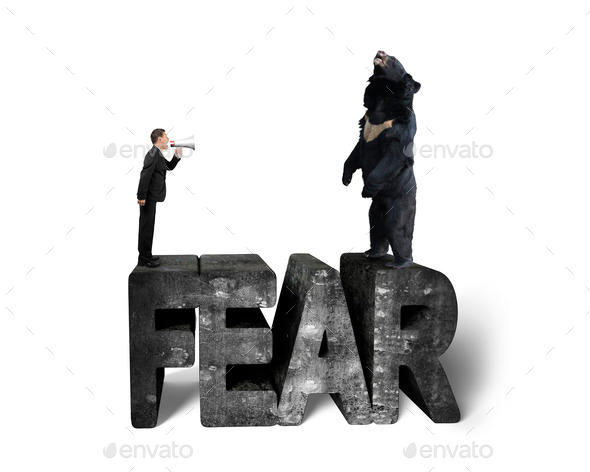 Businessman yelling bear at 3D fear word isolated on white (Misc) Photo Download