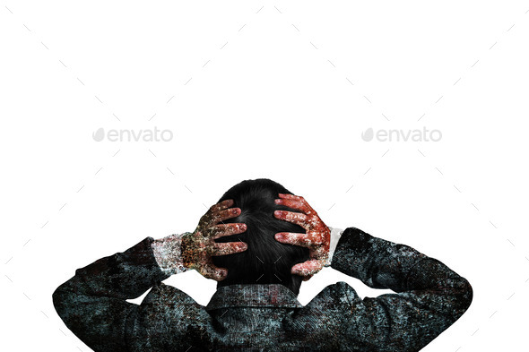 Rear view businessman hands holding his head with dirty body (Misc) Photo Download