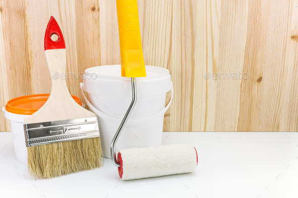 painting tools and accessories against wooden background (Misc) Photo Download