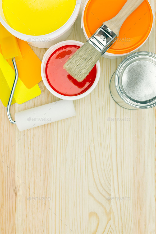 painting tools and color guide on wooden background (Misc) Photo Download