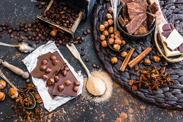 chocolate, cocoa and various spices on table (Misc) Photo Download