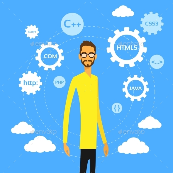 GraphicRiver Programmer Man Computer Geek Coder Flat Vector 11444679 GraphicRiver Programmer Man Computer Geek Coder Flat Vector 11444679
