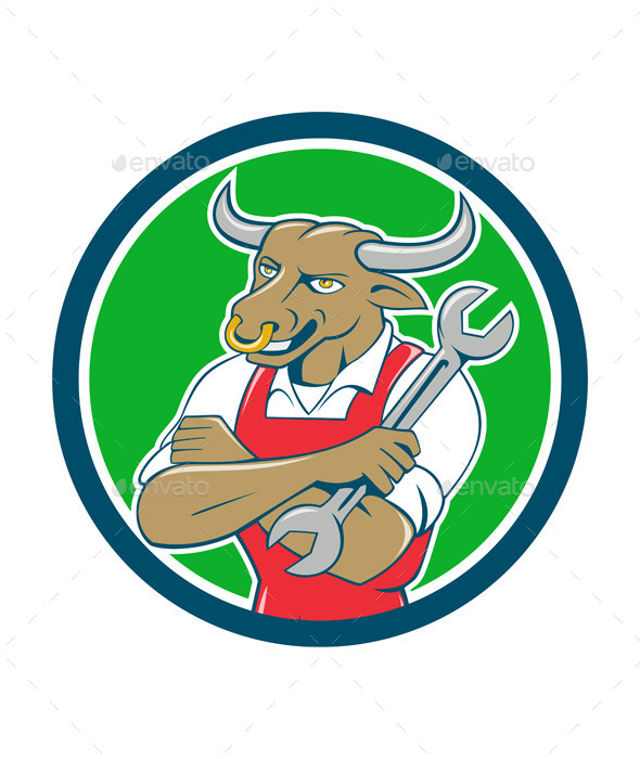 GraphicRiver Bull Mechanic Spanner Standing Circle Cartoon 11458122 GraphicRiver Bull Mechanic Spanner Standing Circle Cartoon 11458122