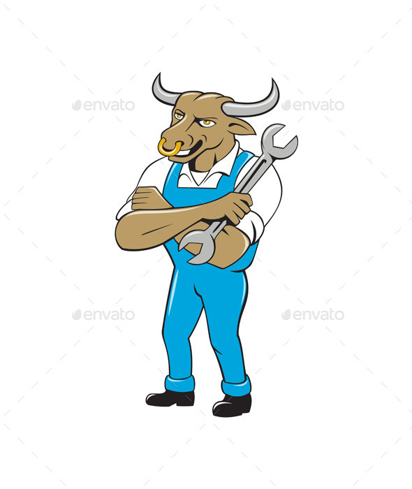 GraphicRiver Bull Mechanic Spanner Standing Cartoon 11458125 GraphicRiver Bull Mechanic Spanner Standing Cartoon 11458125