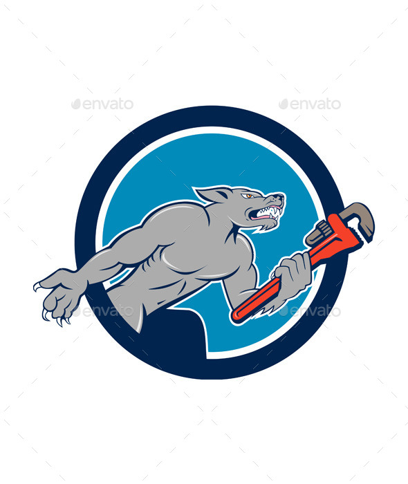 Stock Vector - GraphicRiver Wolf Plumber Monkey Wrench Circle Cartoon