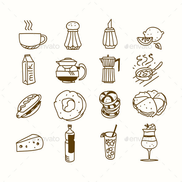 Food cafe set Morning breakfast lunch or dinner kitchen doodle hand drawn