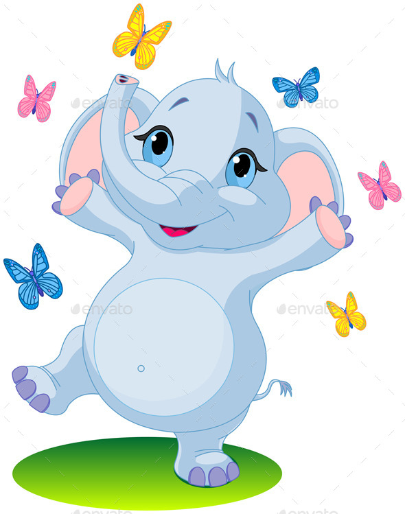 Baby Elephan Dancing with Butterflies (Animals)