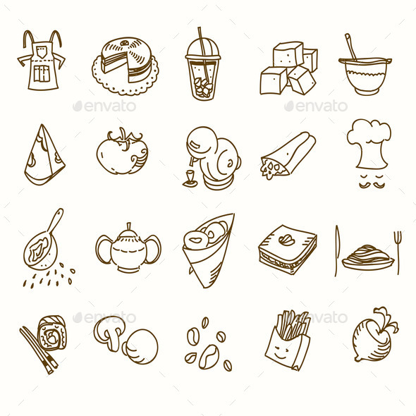 Food cafe set Morning breakfast lunch or dinner kitchen doodle hand drawn