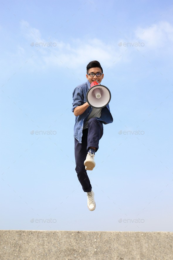 man jump and shout megaphone (Misc) Photo Download