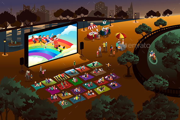 GraphicRiver People Watching Outdoor Movie in a Park 11489514 GraphicRiver People Watching Outdoor Movie in a Park 11489514