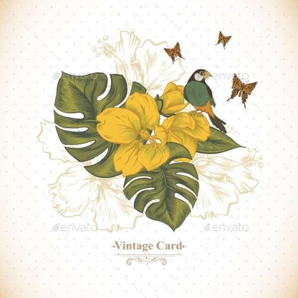 GraphicRiver Vintage Greeting Card Tropical Flowers Butterfly 11498247 GraphicRiver Vintage Greeting Card Tropical Flowers Butterfly 11498247