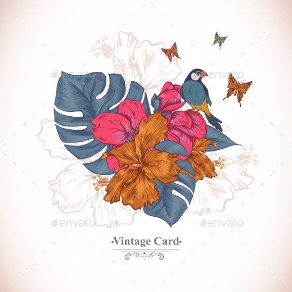GraphicRiver Vintage Greeting Card Tropical Flowers Butterfly 11498249 GraphicRiver Vintage Greeting Card Tropical Flowers Butterfly 11498249