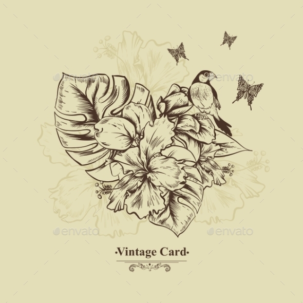 GraphicRiver Vintage Greeting Card Tropical Flowers Butterfly 11498250 GraphicRiver Vintage Greeting Card Tropical Flowers Butterfly 11498250