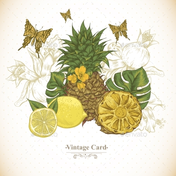GraphicRiver Vintage Greeting Card Tropical Fruit Flowers 11498382 GraphicRiver Vintage Greeting Card Tropical Fruit Flowers 11498382