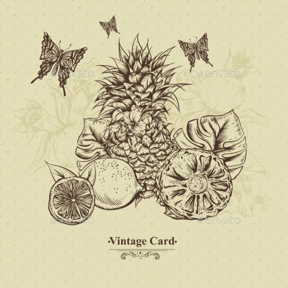 GraphicRiver Vintage Greeting Card Tropical Fruit Flowers 11498386 GraphicRiver Vintage Greeting Card Tropical Fruit Flowers 11498386