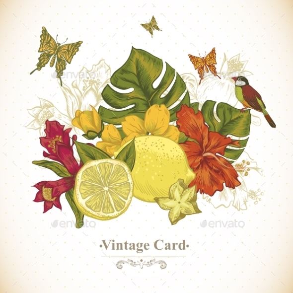 GraphicRiver Vintage Greeting Card Tropical Fruit Flowers 11498431 GraphicRiver Vintage Greeting Card Tropical Fruit Flowers 11498431
