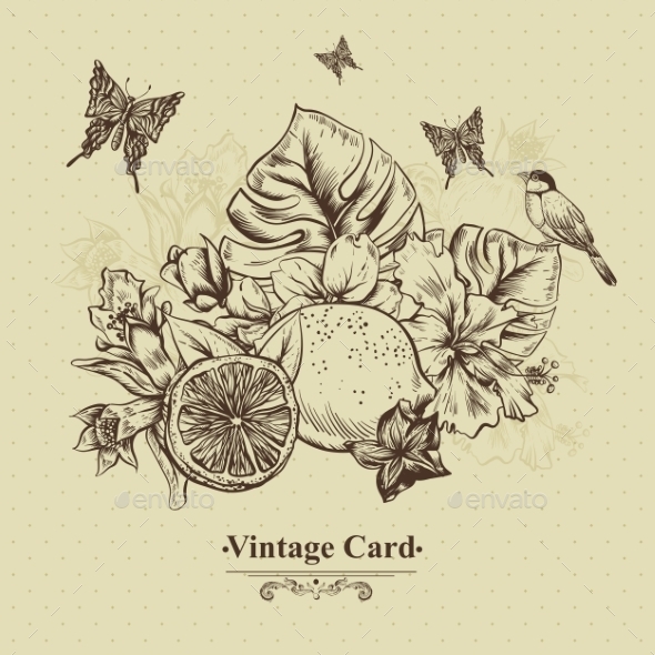 GraphicRiver Vintage Greeting Card Tropical Fruit Flowers 11498433 GraphicRiver Vintage Greeting Card Tropical Fruit Flowers 11498433